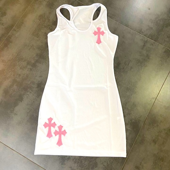 DONT CROSS ME Rib Knit Embroidered Cross U-Neck Sleeveless Stretchy Mini Dress - Picture 8 of 10